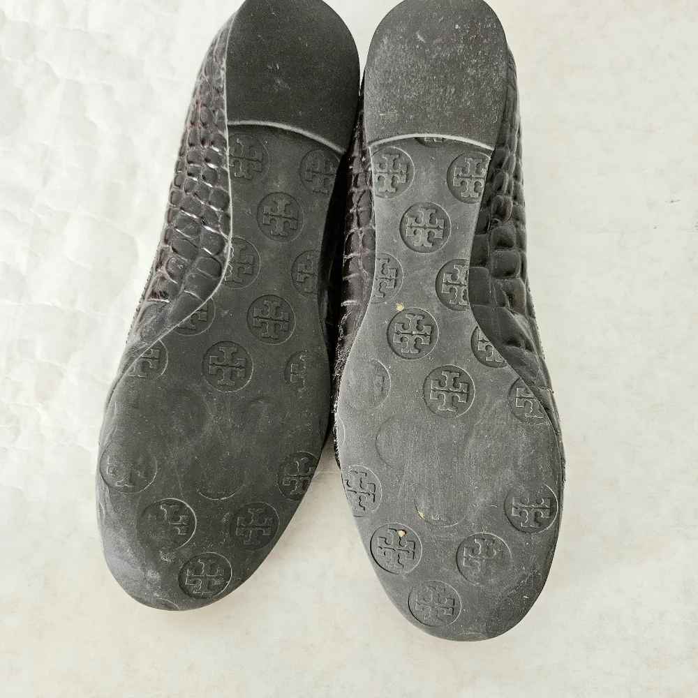 Tory Burch Brown Patent Leather Embossed Ballet Flats